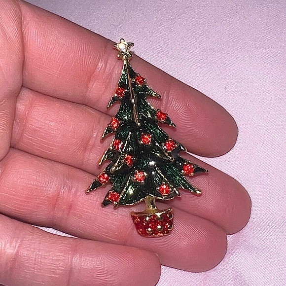 Vintage Christmas Tree Holiday Gold Tone Rhinestone Brooch - Picture 3 of 6
